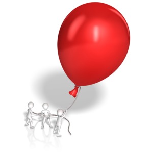 A group of three stick figures hold the string of a giant red balloon.
