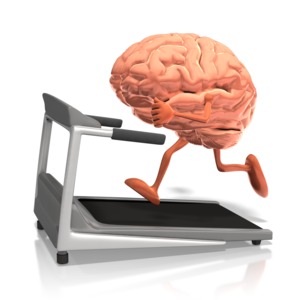 A brain character runs on a treadmill.