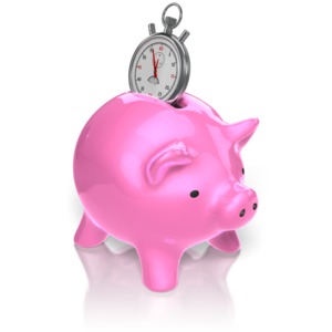 A stop watch slides into a piggy bank. This clip-art can represent the concept of saving time.