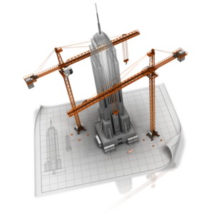 This clip art shows construction equipment around a corporate skyscraper being constructed 