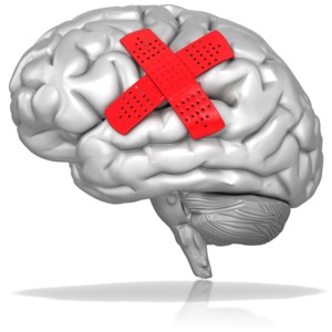 This clip art shows a brain with two  bandages on it.