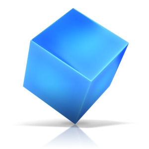 A shiny cube stands on one of its corners.