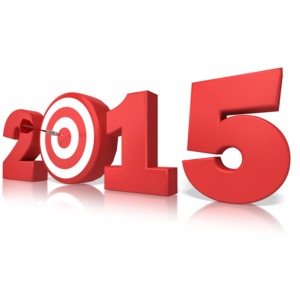 The year 2015 in a big red font at a perspective angle with a bullseye instead of the zero.
