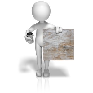 A stick figure beggar holds a tin can and a worn painted sign. This clip-art can represent someone in need.