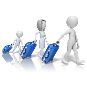 A family walks in line pulling their luggage. This clip-art can represent a family traveling.