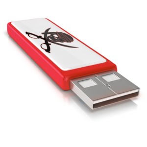 A USB drive with a pirate symbol on it symbolizing data theft.
