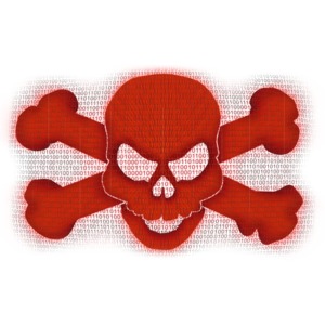 This clip art image shows a skull and bones inside of binary code symbolizing data internet theft.