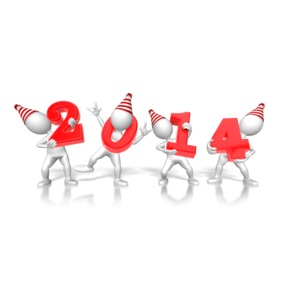 This clip art image shows four stick figure character each holding a number of text that spells out the year 2014.