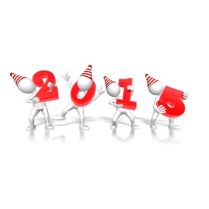This clip art image shows four stick figure character each holding a number of text that spells out the year 2015.