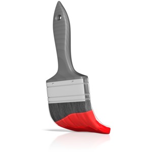 This clip art image shows a paint brush with colored paint on it.