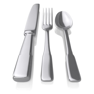A set of silverware showing a knife, fork, and spoon
