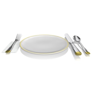 A place setting featuring a knife, spoon, fork, plate, and napkin.