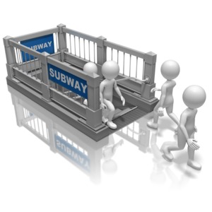 Stick figures come and go through the entrance of a subway. This clip-art can represent commuting to work.