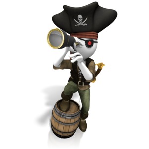 An image of a pirate searching through a spyglass leaning on a barrel.