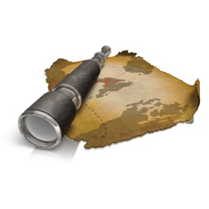 An image of a map with a spyglass to the side.