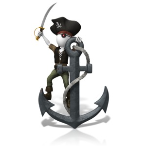 An image of a pirate hanging on to a large anchor.