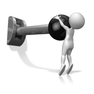 A figure pulls down on a huge lever.