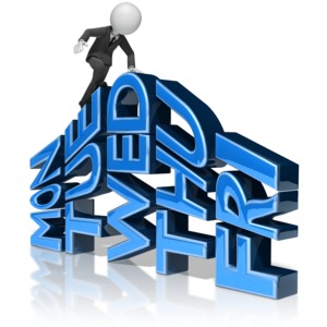 A business man climbs over the hump in the middle of the week. This clip-art can represent getting past the long part of a work week.