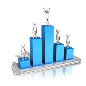 An image of a group of five stick figures being raised up on bar graphs with one clear stand out.