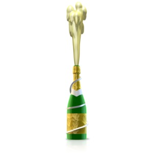 A champagne bottle with champagne shooting out of the top.