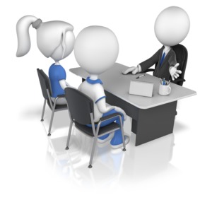 Two stick figures meet with a business figure behind a desk.