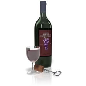 An opened bottle of wine with a full glass and cork.