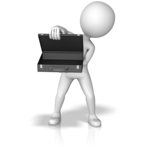 A figure holds open an empty briefcase.