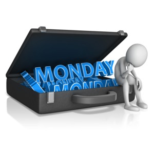 A figure sits on the edge of a case filled with the text Monday. This image displays the saying &quot;Case of the Mondays&quot;