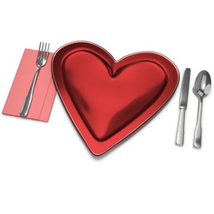 A dinner set with a heart-shaped plate. This clip-art can represent a romantic meal for Valentine&#039;s Day.