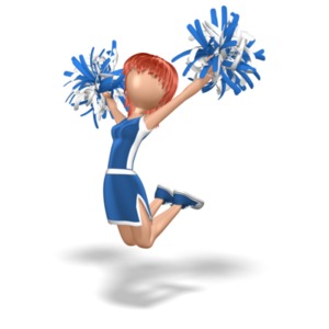 A cheerleader jumps while holding pompoms. This clip-art can represent success.