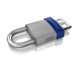A USB in the shape of a lock.  This image displays a concept of keeping sensitive material secure.