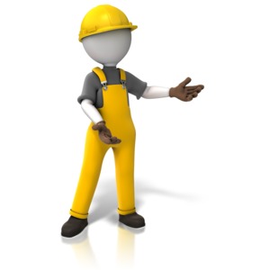 An image of a construction worker showing a presentation style gesture.