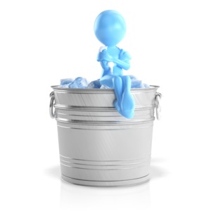 A stick figure sits on a bucket of ice. 