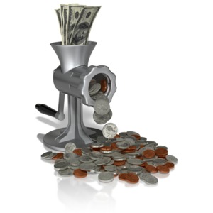 A money grinder takes in 100 dollar bills and churns out a pile of coins.