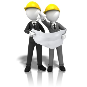 An image of two figures in suits with hardhats looking at a blue print and pointing.