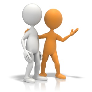 A highlighted stick figure shows or introduces their friend to something.