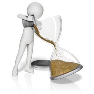 An image of a stick figure pouring a bucket of sand into the top of an hourglass.