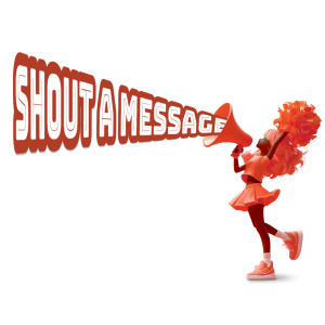A cheerleader strikes a pose while shouting through a megaphone. This clip-art can represent getting a message across.