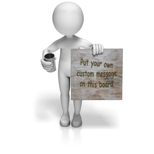 A stick figure beggar holds a tin can and a worn painted sign. This clip-art can represent someone in need.