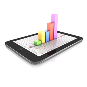A graph extrudes from the center of a tablet screen with a line chart diagram on it.