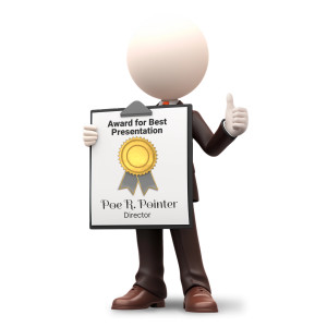 An image of a male in a suit holding an award/certificate which has space to add custom text.