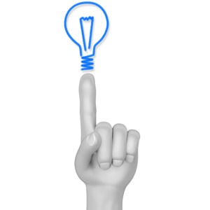 A hand with the pointer finger sticking up and a drawn light bulb over it.