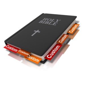 An image of a bible with tabs which have a space for your custom text.
