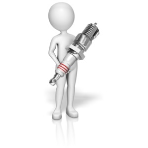 A stick figure holds a standard spark plug used in many different combustion engines.