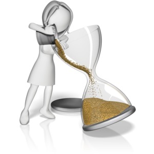 An image of a female stick figure pouring a bucket of sand into the top of an hourglass.
