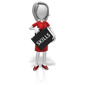 A businesswoman holds a briefcase with the label &#039;SKILLS&#039; on it. This clip-art can represent the skills someone can bring to a new position.