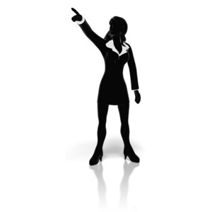 A businesswoman in silhouette strikes a pose as she points. This clip-art can represent leadership.