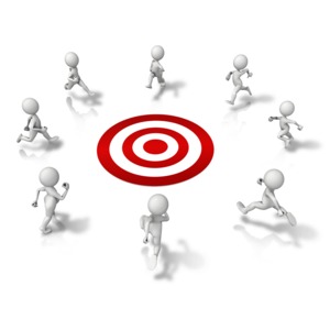 An image of a group of stick figures racing to the target - goal.