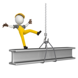 A construction figure looses balance and begins to fall of a iron beam it is standing on.