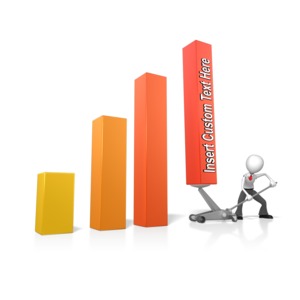 A business stick figure uses a jack to lift up the last bar graph which has a spot to put your own custom text.